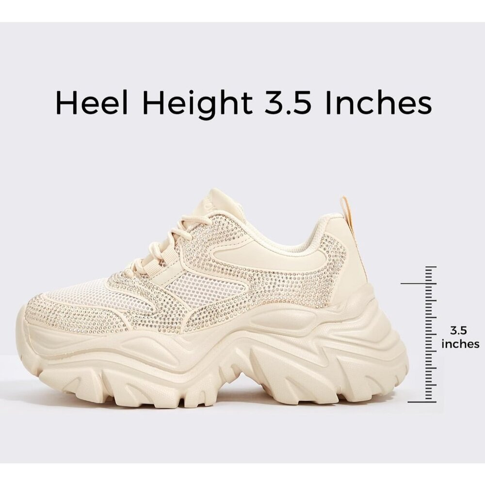 Women Leather Beige Rhinestone Comfortable Wedge Walking Sport Sneakers Shoes - Picture 2 of 9